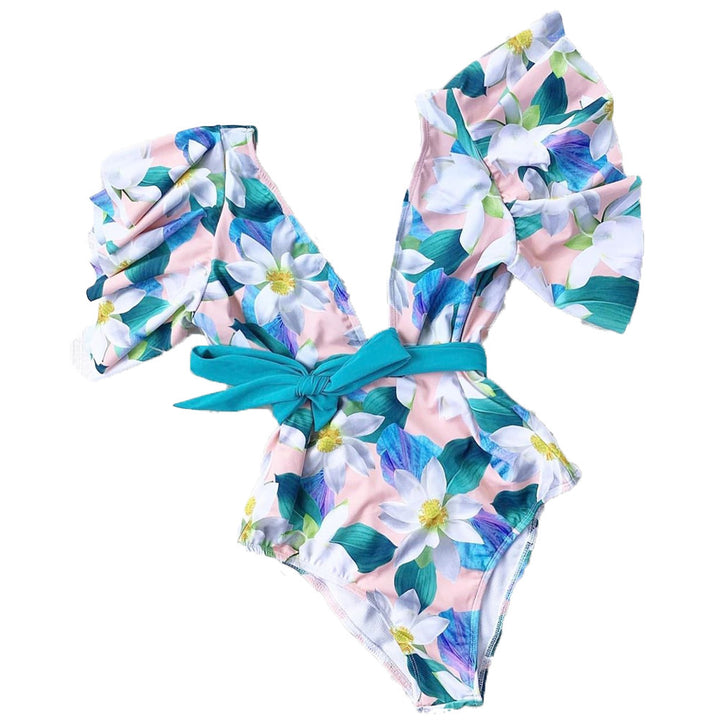 Ladies Elegant Swimsuit with Ruffle Sleeves and Waist Belt Mune Fashion