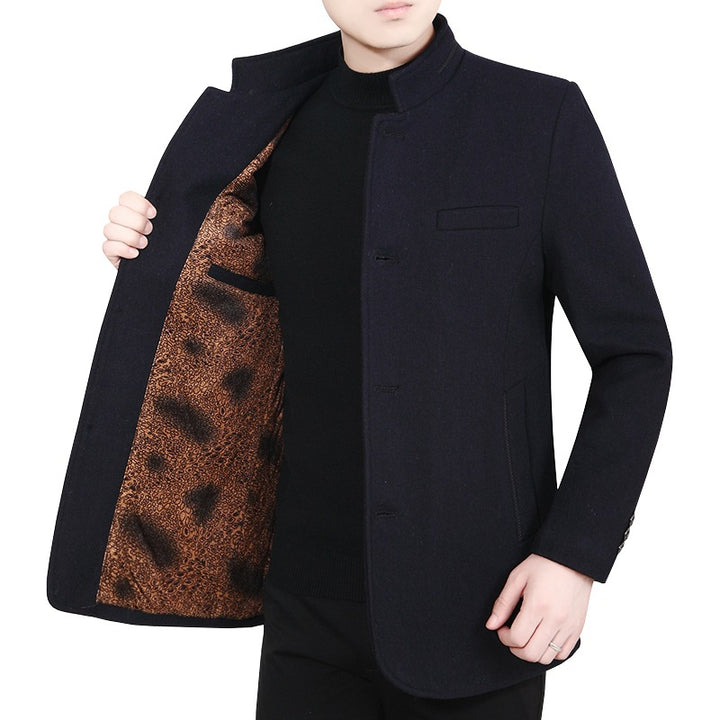 Men's Stand Collar Wool Blend Short Coat with Warm Animal Print Lining Mune Fashion