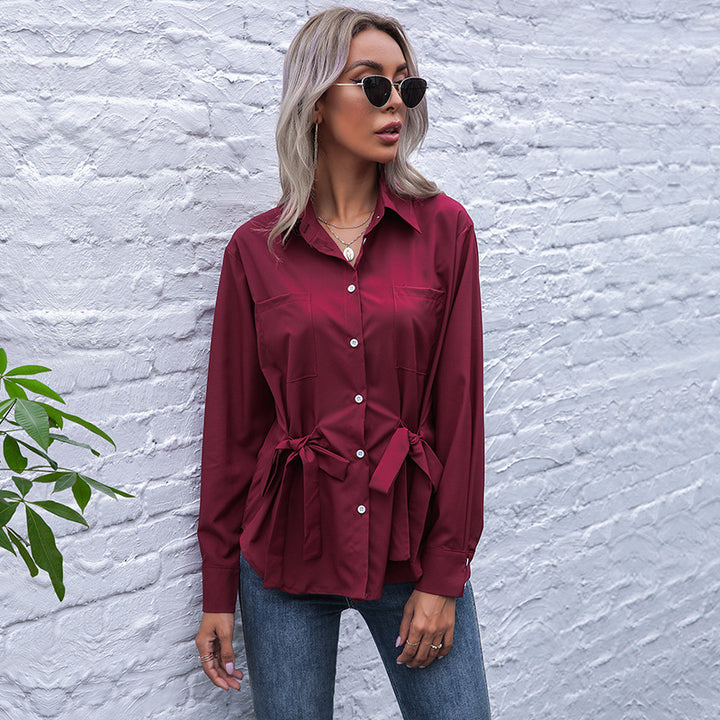 Women Tailored Shirt Blouse with Double Bow Waist and Breast Pockets Mune Fashion