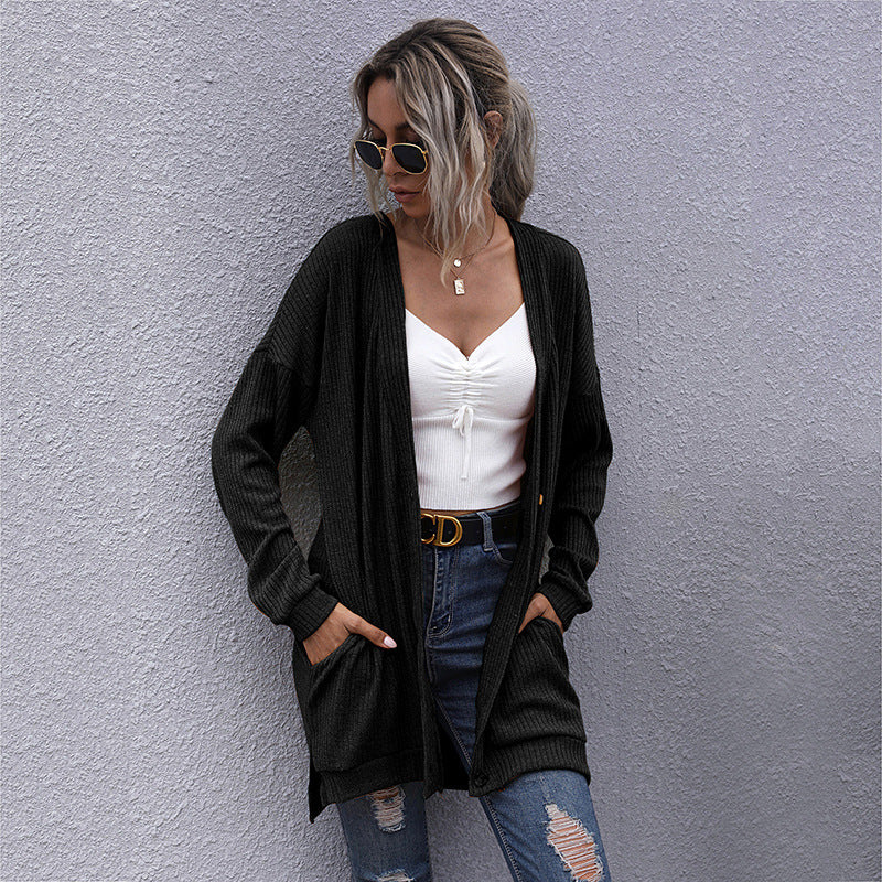 Women Long Oversize Knit Cardigan with Structure Knit, Open Pockets and Casual Cut Mune Fashion
