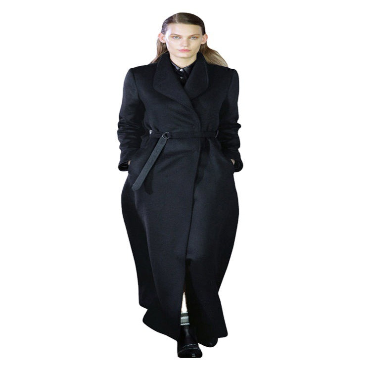 Women’s maxi long tailored wrap long coat with shawl collar and fine tie belt Mune Fashion