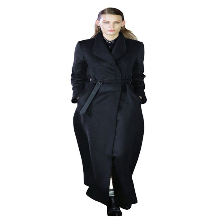 Women’s maxi long tailored wrap long coat with shawl collar and fine tie belt Mune Fashion
