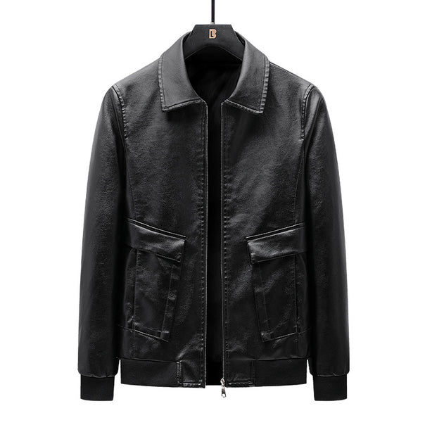 Men's Faux Leather Bomber Style Overshirt Jacket with Flap Pockets, Zipper & Ribbed Hem Mune Fashion