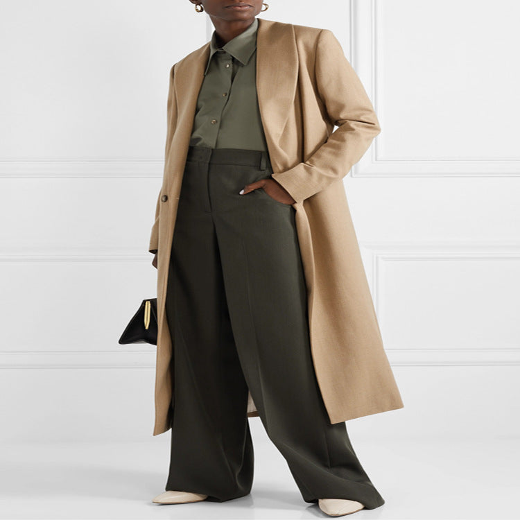Women's Maxi-length Minimalist Single-breasted Wool Blend Long Coat with Open Shawl Collar Mune Fashion