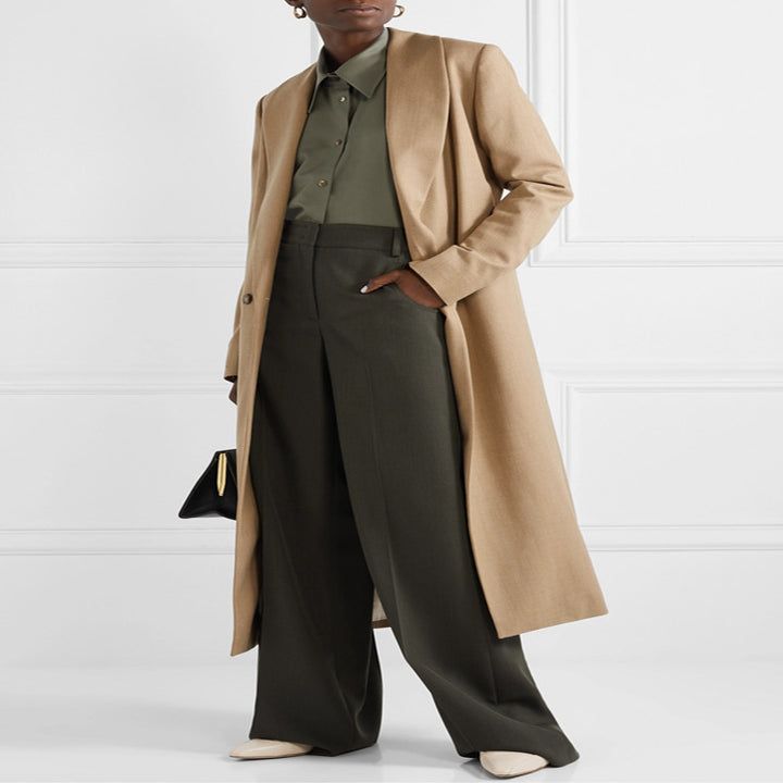 Women's Maxi-length Minimalist Single-breasted Wool Blend Long Coat with Open Shawl Collar Mune Fashion