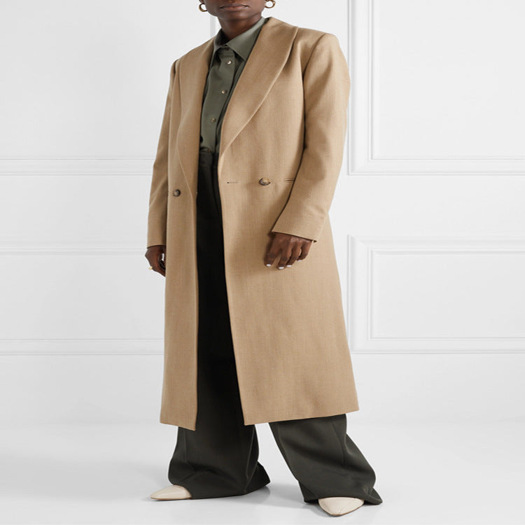 Women's Maxi-length Minimalist Single-breasted Wool Blend Long Coat with Open Shawl Collar Mune Fashion