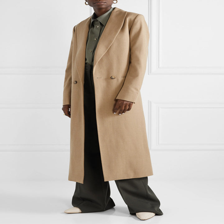 Women's Maxi-length Minimalist Single-breasted Wool Blend Long Coat with Open Shawl Collar Mune Fashion