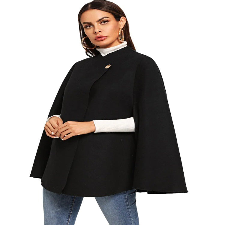Women's short cape coat in coat style with stand-up collar and concealed button placket Mune Fashion