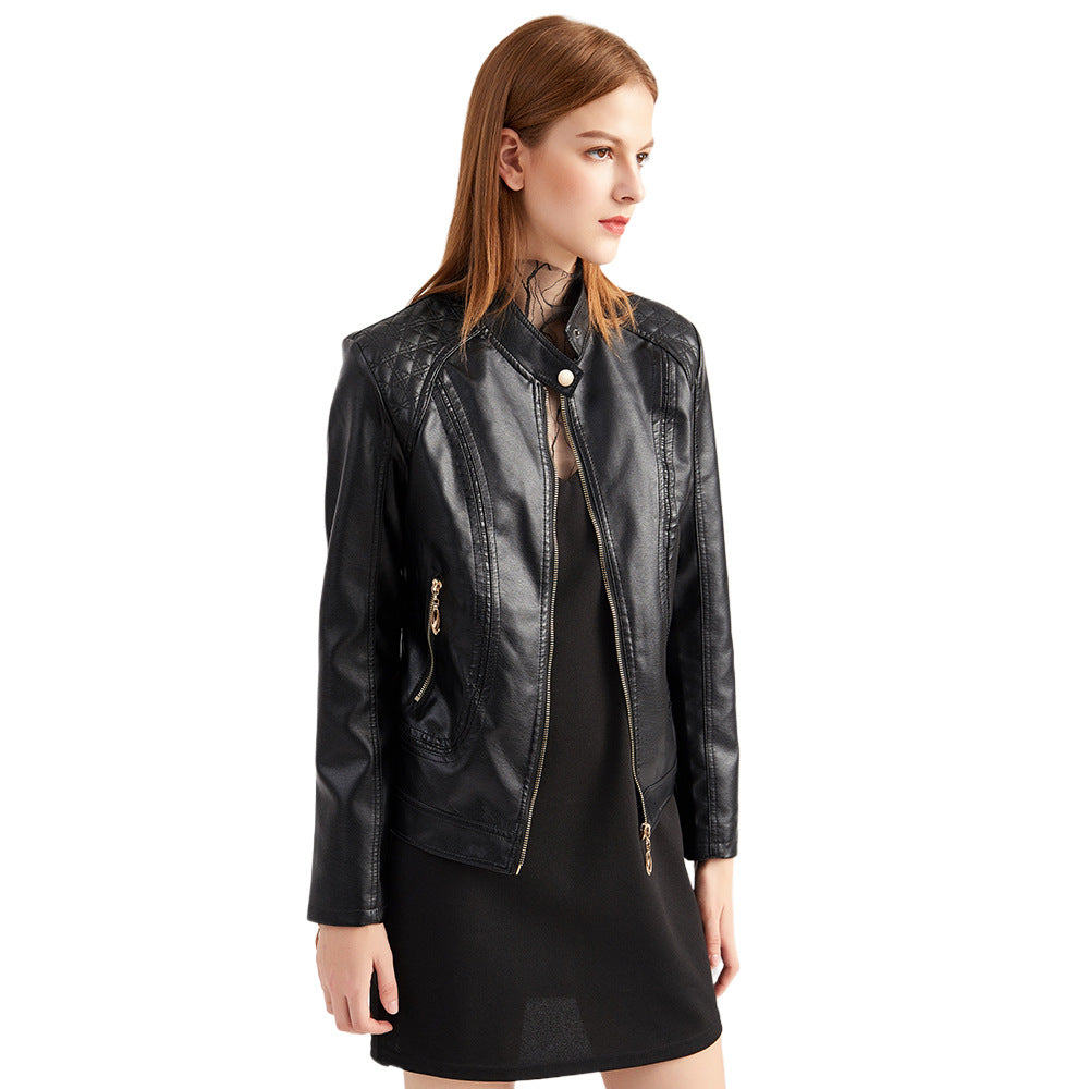 Women tailored faux leather biker jacket with stand-up collar and quilted shoulder section Mune Fashion