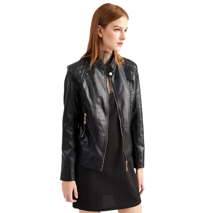 Women tailored faux leather biker jacket with stand-up collar and quilted shoulder section Mune Fashion
