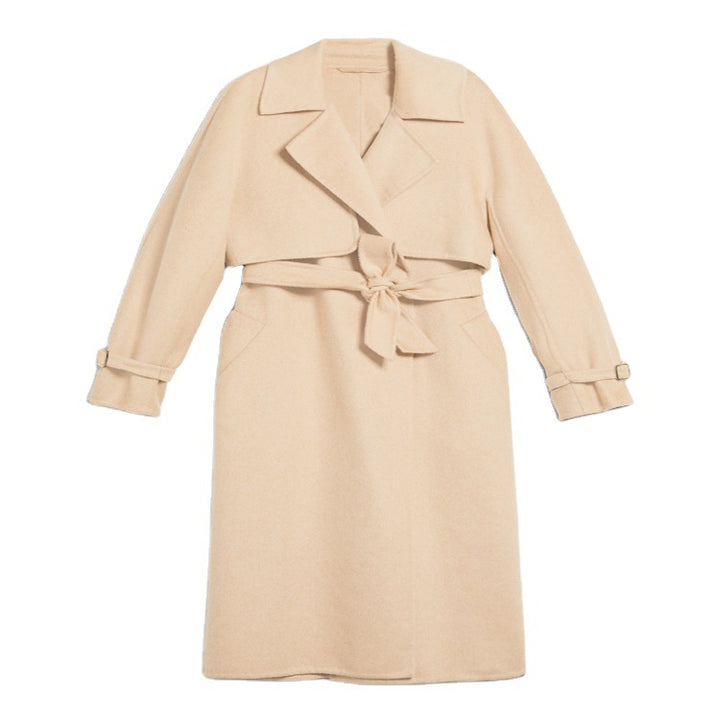 Women's Wool Coat with Cape Shoulder and Waist Belt Mune Fashion
