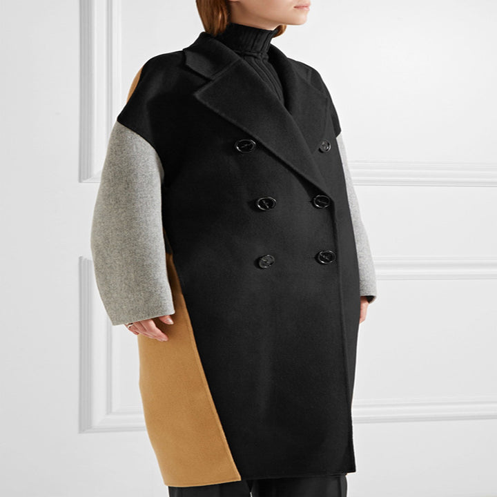 Women's Oversize Double-Breasted Color Block Wool Blend Coat with Contrasting Sleeves Mune Fashion