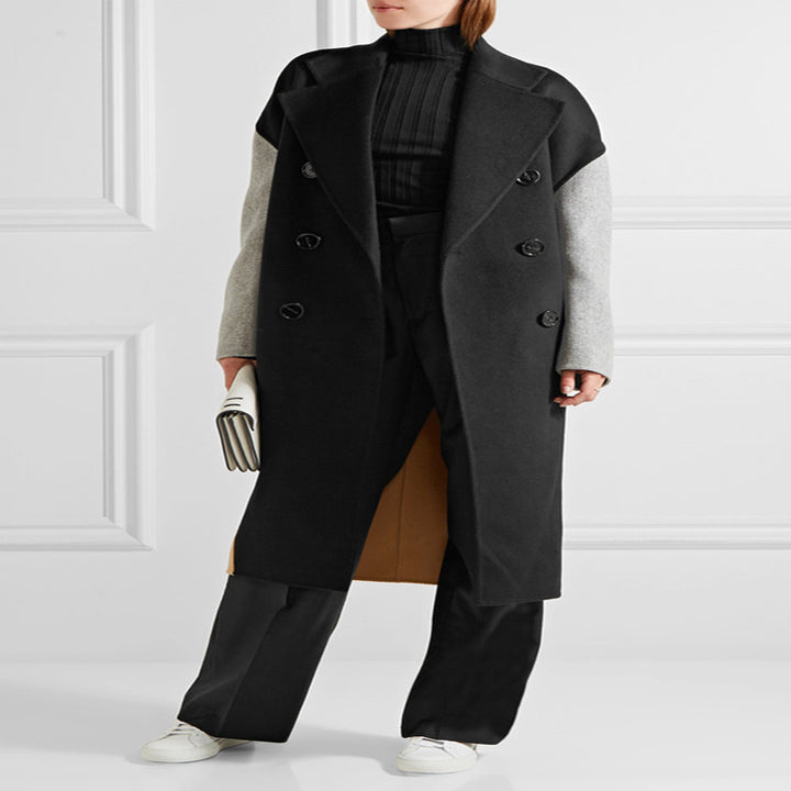 Women's Oversize Double-Breasted Color Block Wool Blend Coat with Contrasting Sleeves Mune Fashion
