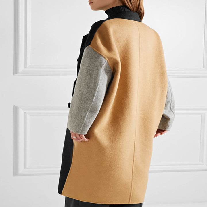 Women's Oversize Double-Breasted Color Block Wool Blend Coat with Contrasting Sleeves Mune Fashion
