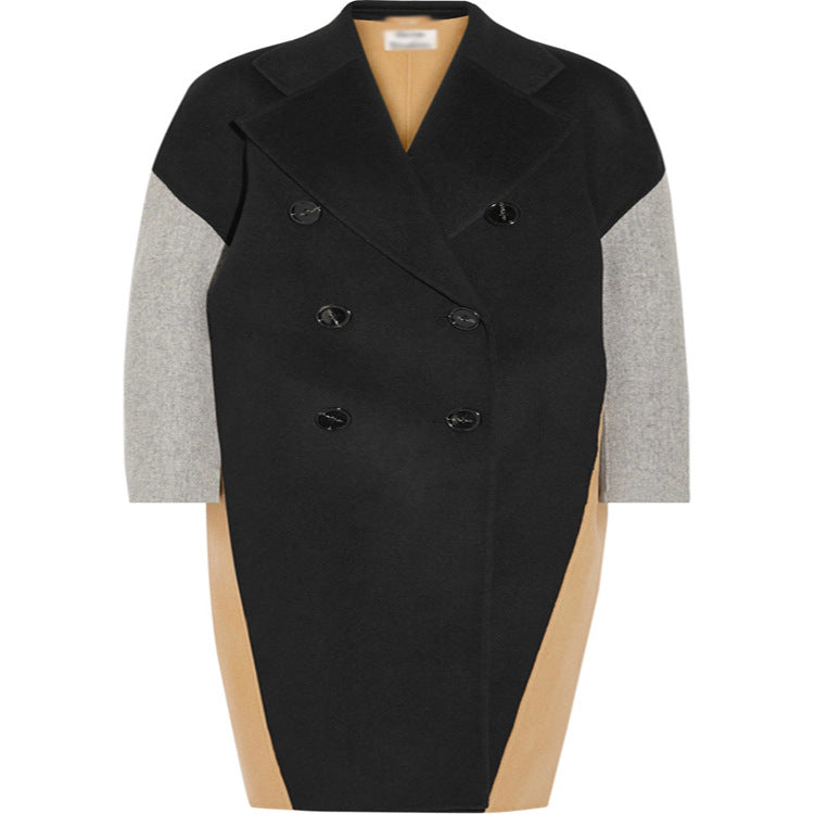 Women's Oversize Double-Breasted Color Block Wool Blend Coat with Contrasting Sleeves Mune Fashion
