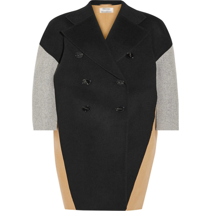 Women's Oversize Double-Breasted Color Block Wool Blend Coat with Contrasting Sleeves Mune Fashion