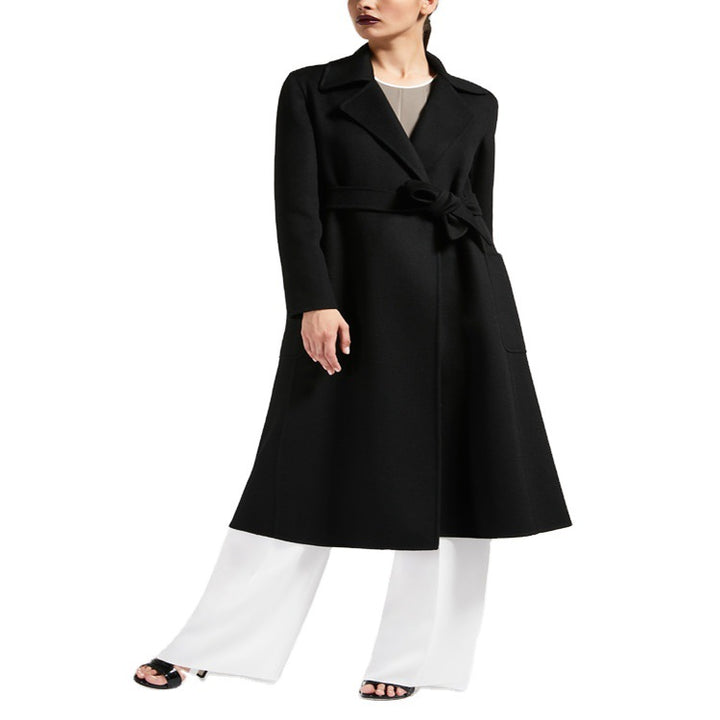 Women's Tailored Wrap Coat made of Wool-Cashmere Blend with A-Line, Belt and Patch Pockets Mune Fashion