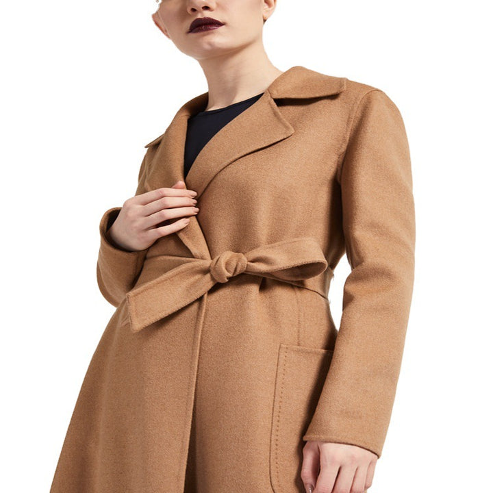 Women's Tailored Wrap Coat made of Wool-Cashmere Blend with A-Line, Belt and Patch Pockets Mune Fashion