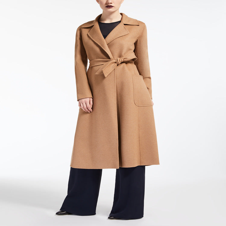 Women's Tailored Wrap Coat made of Wool-Cashmere Blend with A-Line, Belt and Patch Pockets Mune Fashion