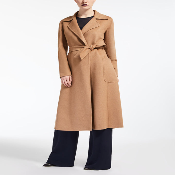 Women's Tailored Wrap Coat made of Wool-Cashmere Blend with A-Line, Belt and Patch Pockets Mune Fashion