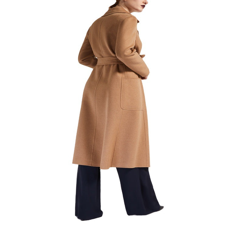 Women's Tailored Wrap Coat made of Wool-Cashmere Blend with A-Line, Belt and Patch Pockets Mune Fashion