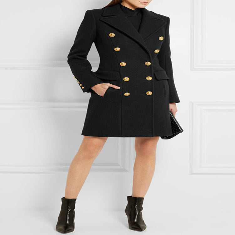 Women’s Wool Blend Long Coat in Marine Tailoring with Contoured Waist and Gold Decorative Round Buttons Mune Fashion