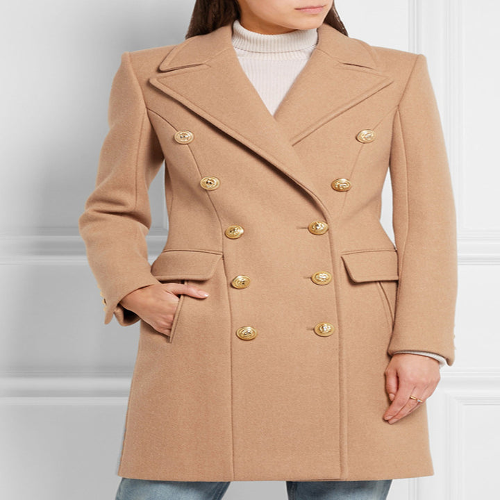 Women’s Wool Blend Long Coat in Marine Tailoring with Contoured Waist and Gold Decorative Round Buttons Mune Fashion