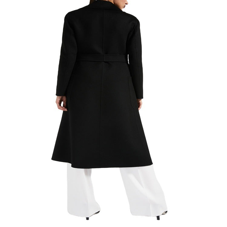 Women's Tailored Wrap Coat made of Wool-Cashmere Blend with A-Line, Belt and Patch Pockets Mune Fashion