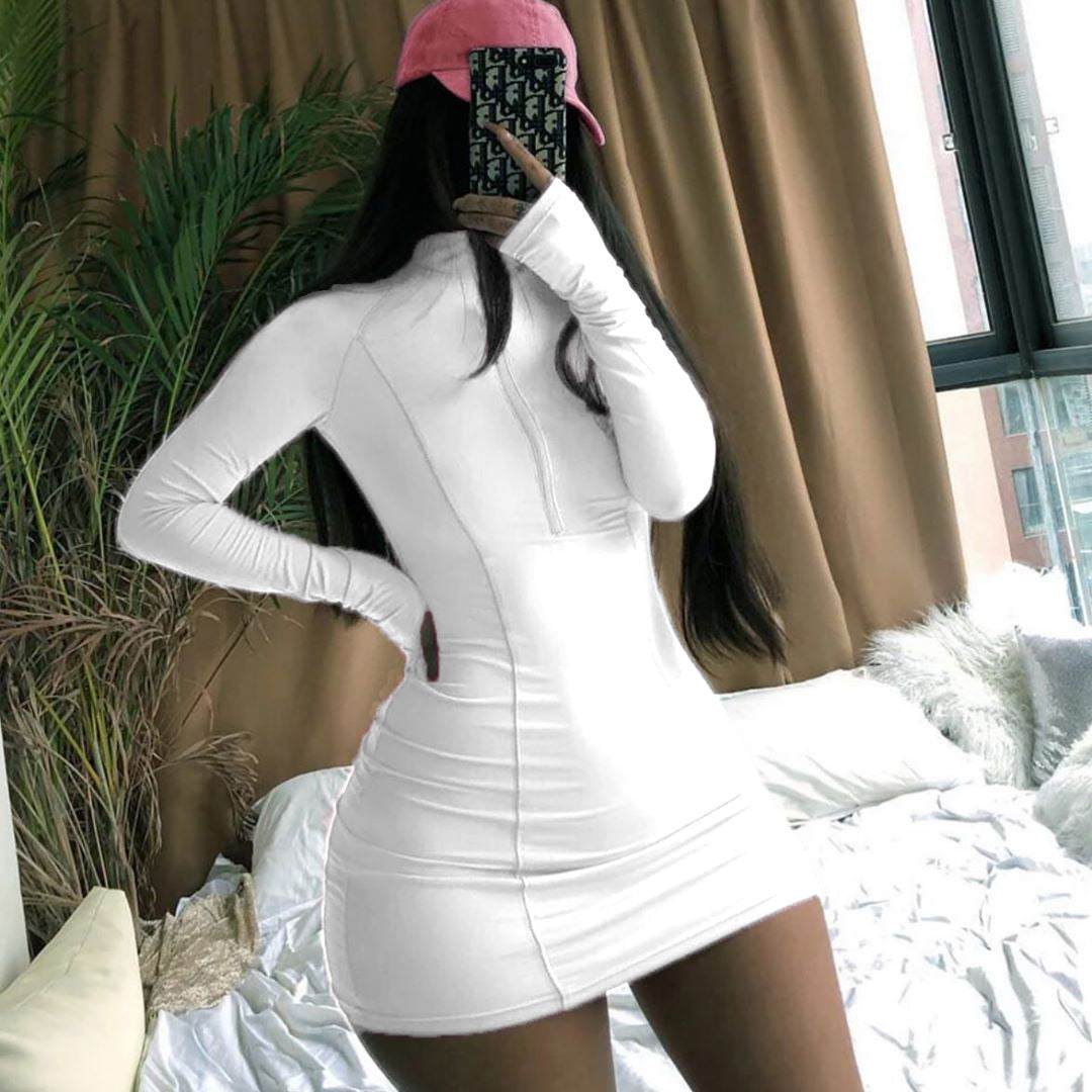 Women’s Fitted Long Sleeve Mini Dress with Stand Collar and Front Zipper Mune Fashion