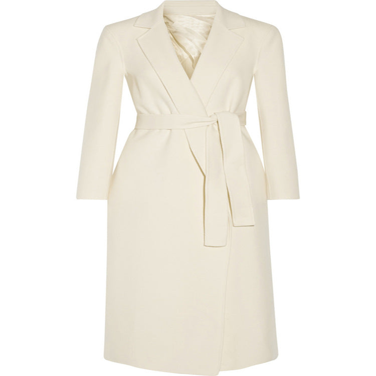 Ladies ankle-length wrap long coat made of wool-cashmere blend with fitted tie belt Mune Fashion