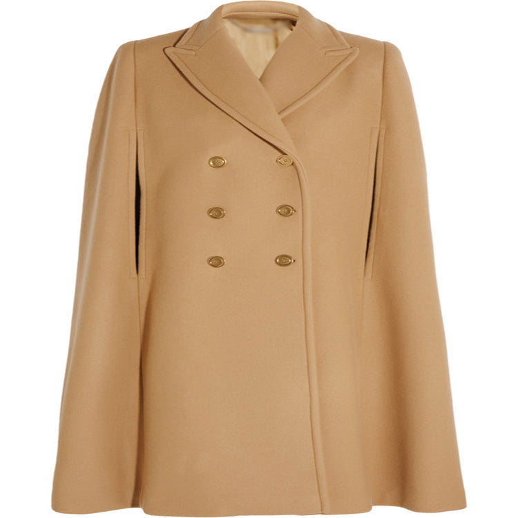Women's tailored wool blend cape coat with concealed arm openings and double-breasted tailoring Mune Fashion