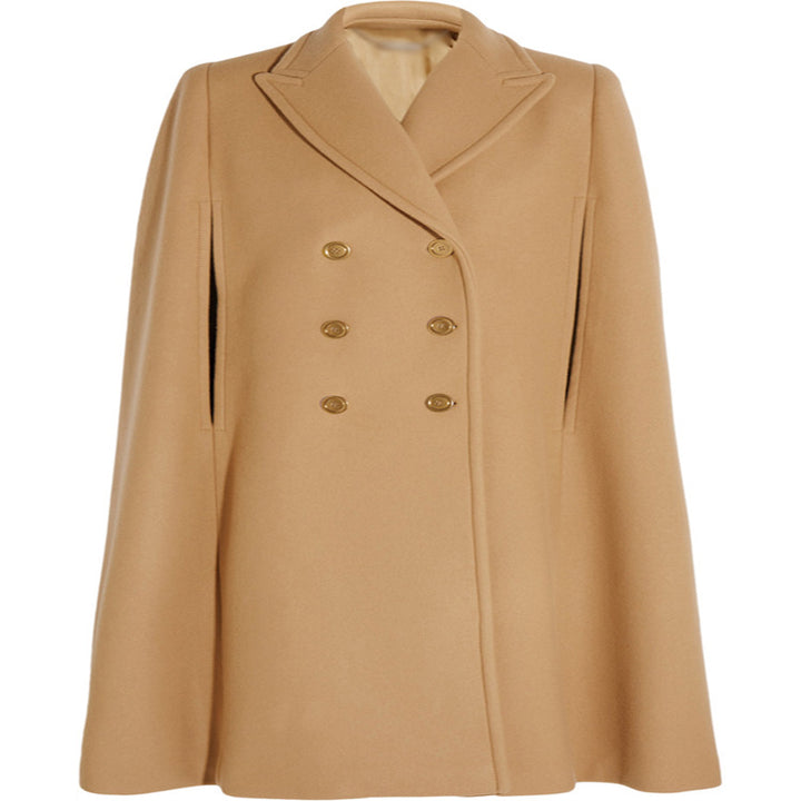 Women's tailored wool blend cape coat with concealed arm openings and double-breasted tailoring Mune Fashion