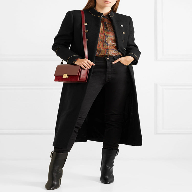 Women’s Longer Military Wool Coat with Gold Decorative Buttons and Stand Collar Mune Fashion