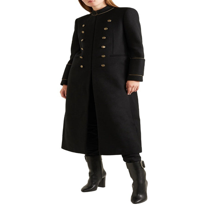 Women’s Longer Military Wool Coat with Gold Decorative Buttons and Stand Collar Mune Fashion