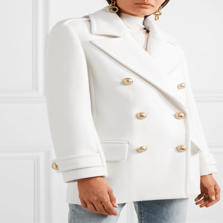 Women's Double-Breasted Short Coat in Marine Tailoring with Gold Decorative Buttons Mune Fashion