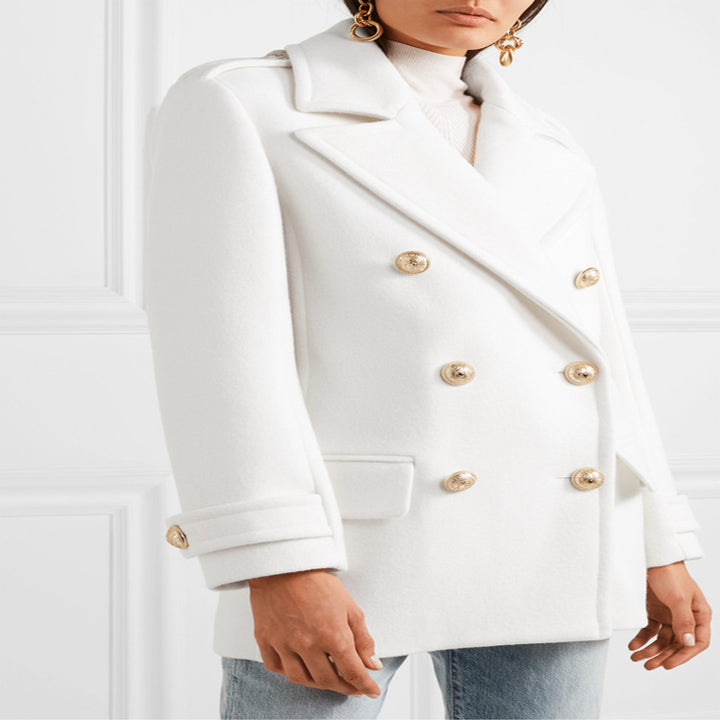 Women's Double-Breasted Short Coat in Marine Tailoring with Gold Decorative Buttons Mune Fashion
