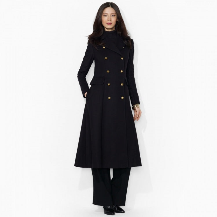 Women's figure-hugging maxi-long coat in flared A-line tailoring with golden decorative buttons Mune Fashion