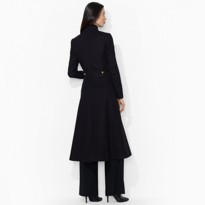 Women's figure-hugging maxi-long coat in flared A-line tailoring with golden decorative buttons Mune Fashion