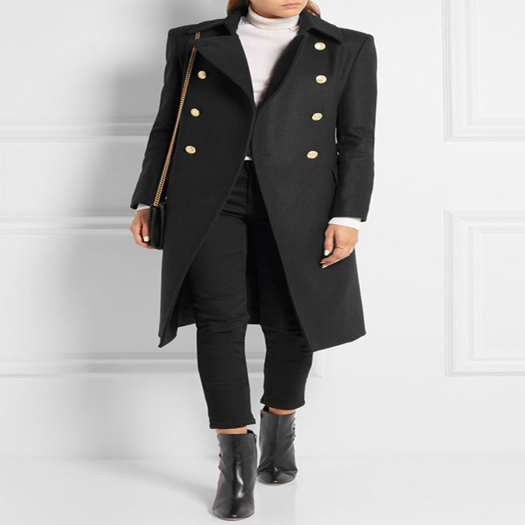 Women Asymmetrical Midi-Length Wool Blend Coat with Double-Breasted Button Placket and Golden Decorative Buttons Mune Fashion
