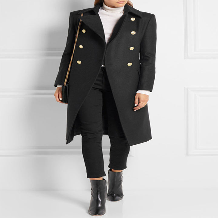 Women Asymmetrical Midi-Length Wool Blend Coat with Double-Breasted Button Placket and Golden Decorative Buttons Mune Fashion