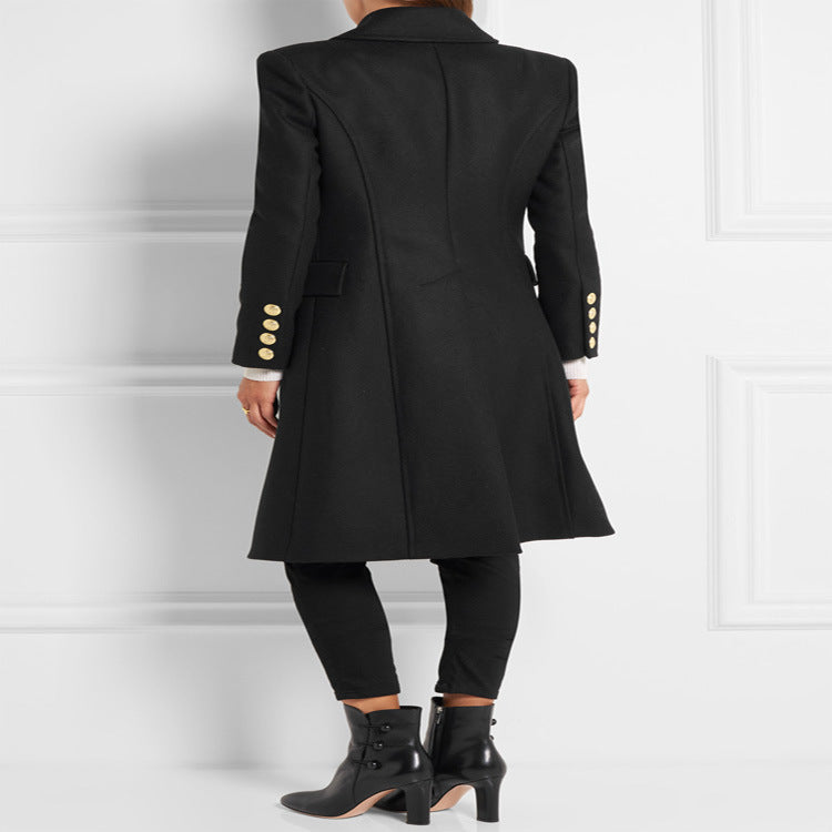 Women Asymmetrical Midi-Length Wool Blend Coat with Double-Breasted Button Placket and Golden Decorative Buttons Mune Fashion