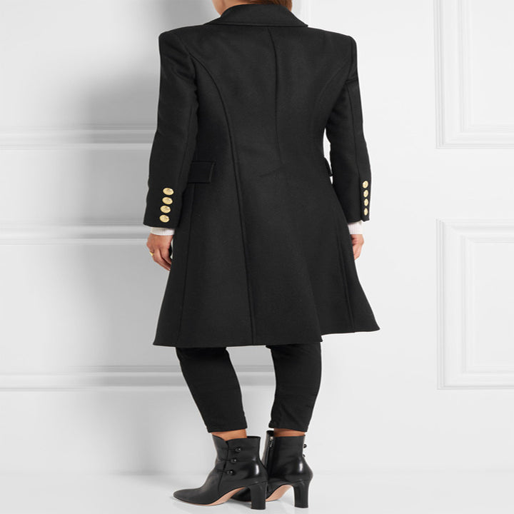 Women Asymmetrical Midi-Length Wool Blend Coat with Double-Breasted Button Placket and Golden Decorative Buttons Mune Fashion