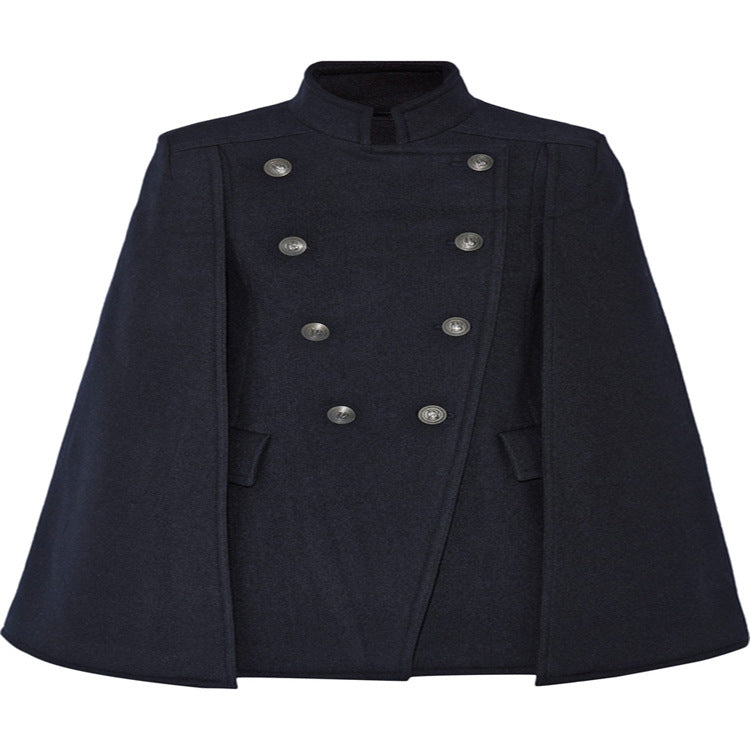 Women's Short Cape Coat in Military Style with Double Breasted and Stand Collar Mune Fashion