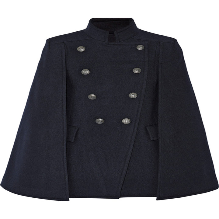 Women's Short Cape Coat in Military Style with Double Breasted and Stand Collar Mune Fashion