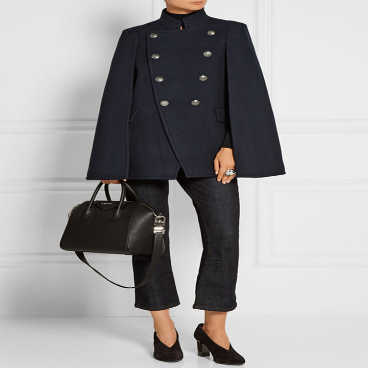 Women's Short Cape Coat in Military Style with Double Breasted and Stand Collar Mune Fashion