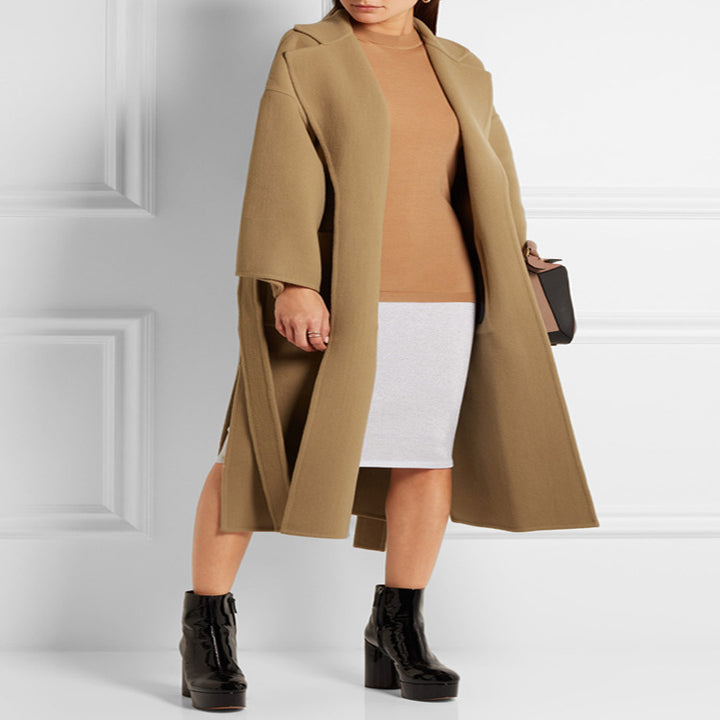 Women's Tailored Wool Blend Wrap Coat with Kimono-Style Sleeves and Tie Belt Mune Fashion