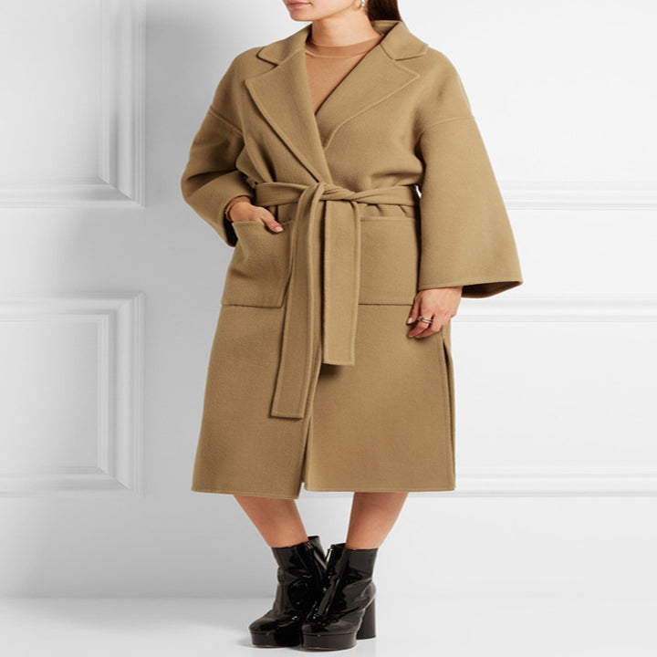 Women's Tailored Wool Blend Wrap Coat with Kimono-Style Sleeves and Tie Belt Mune Fashion