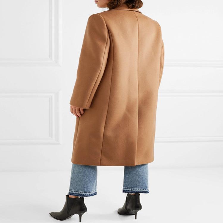 Women's Single-breasted Wool Mix Long Coat with Sharp Tailoring and Patch Pockets Mune Fashion