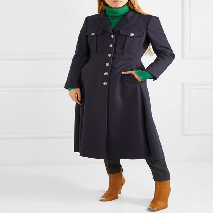 Women's military long coat made of wool blend with distinctive button placket and flapped pockets Mune Fashion
