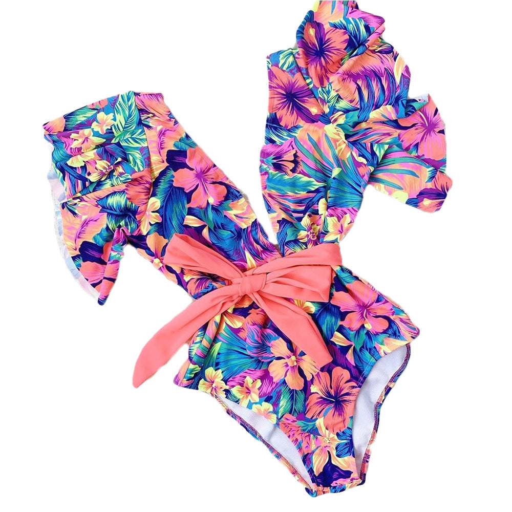 Ladies Elegant Swimsuit with Ruffle Sleeves and Waist Belt Mune Fashion